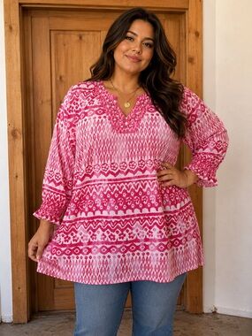 Multiples Pink and White Printed Tunic Top